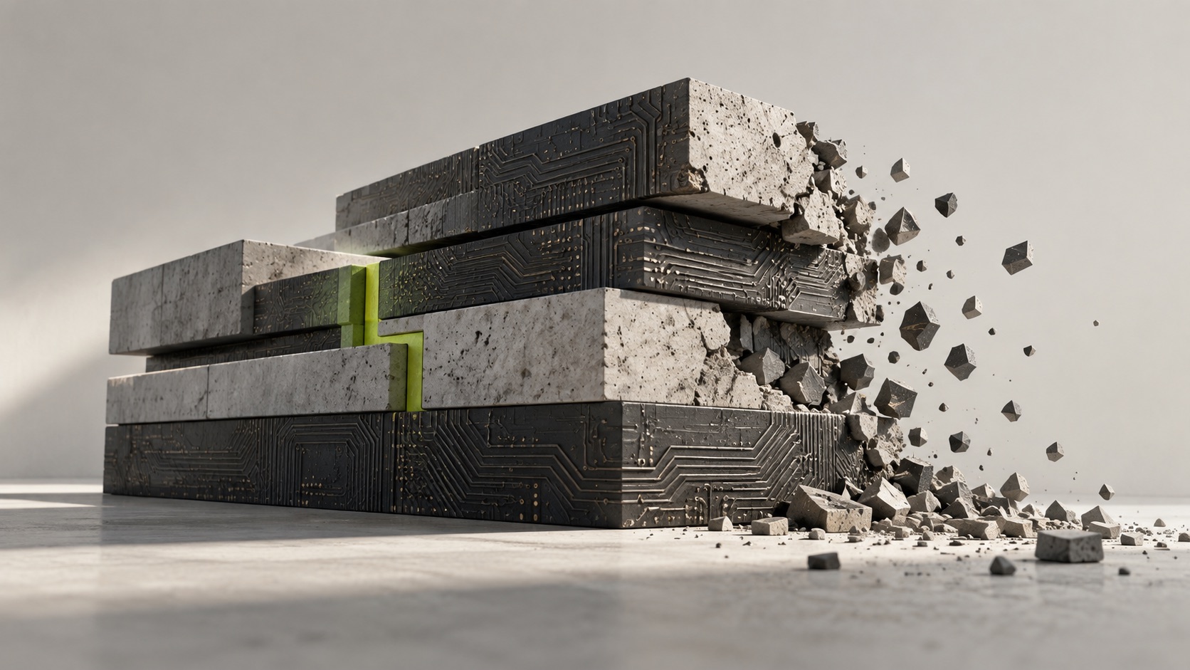 Bröckelnde Struktur aus Beton und Leiterbahnen mit einer grünen Reparaturfuge als Sinnbild für Softwarepflege.