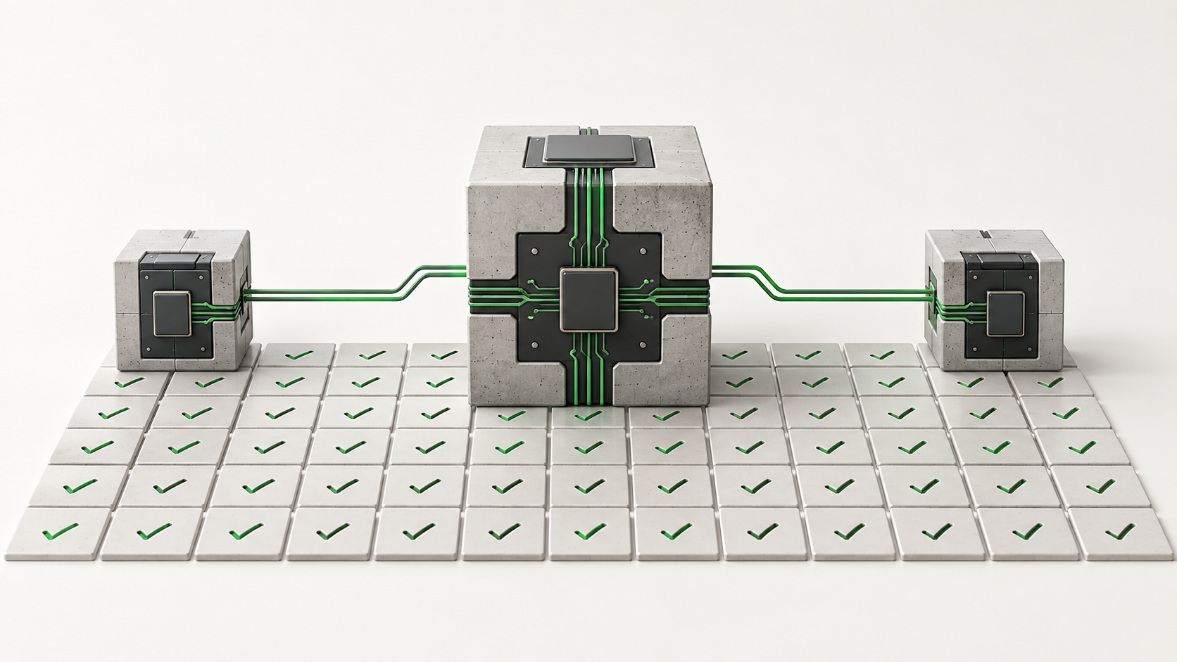 Ein zentraler Berechnungsbaustein verbindet zwei gleichartige Module über grüne Leitungen; darunter liegt ein Raster aus Prüffeldern.