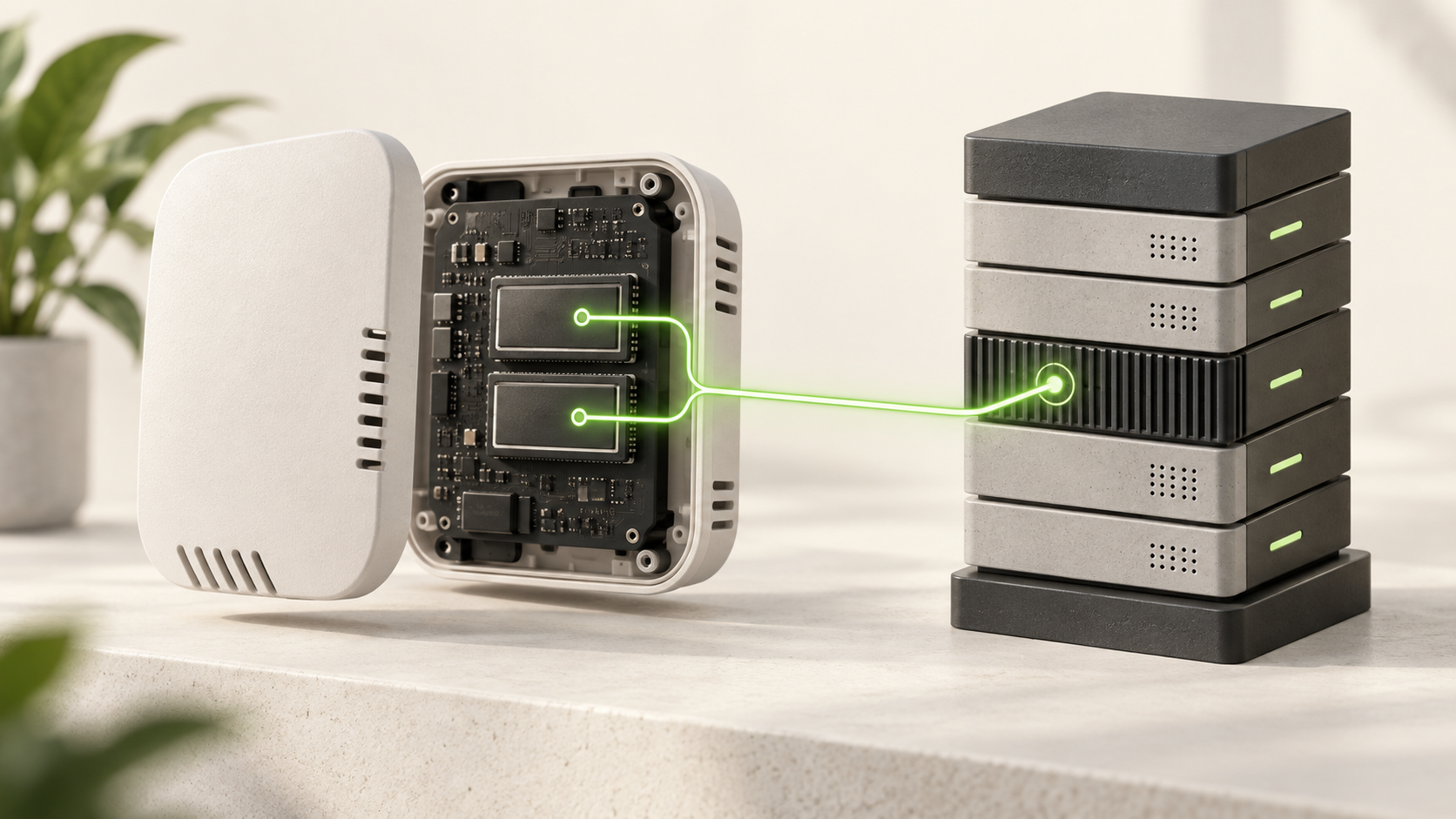 Symbolische Darstellung eines geöffneten IoT-Sensors mit zwei Firmwarebereichen, über eine grüne Linie mit einem Update-Server verbunden.
